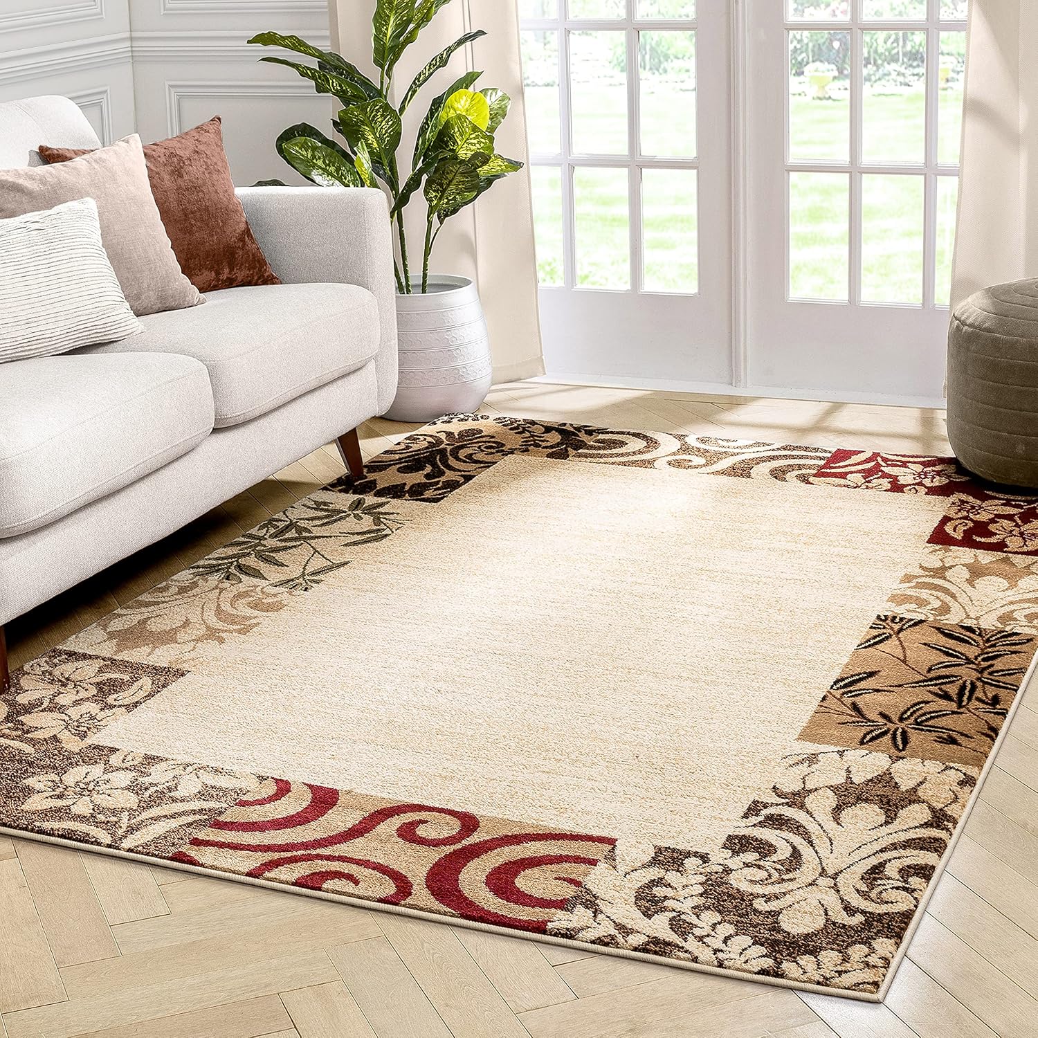 Beige Damask Border Rug 7x10 (6'7 x 9'6) R35940