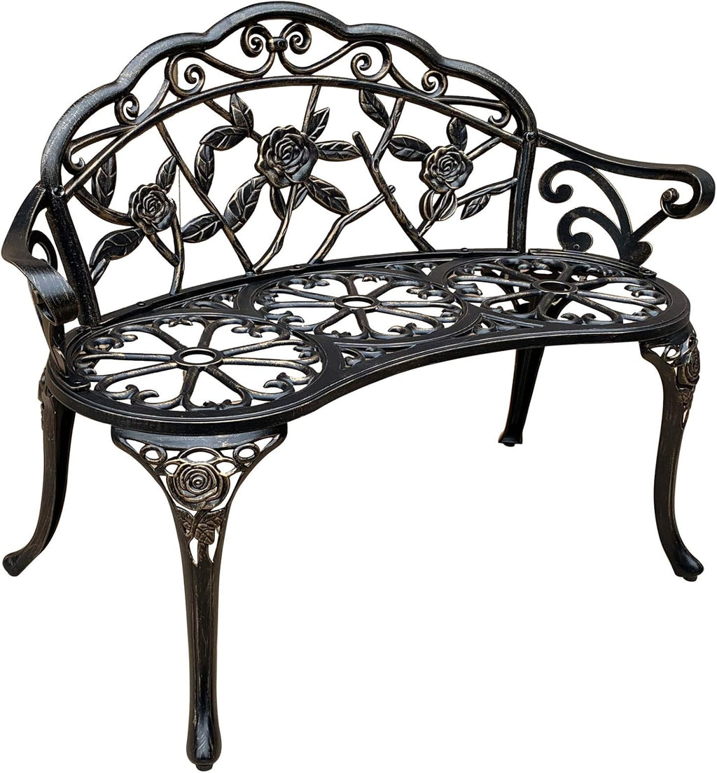 Copper Metal Outdoor Bench with Floral Rose F98740