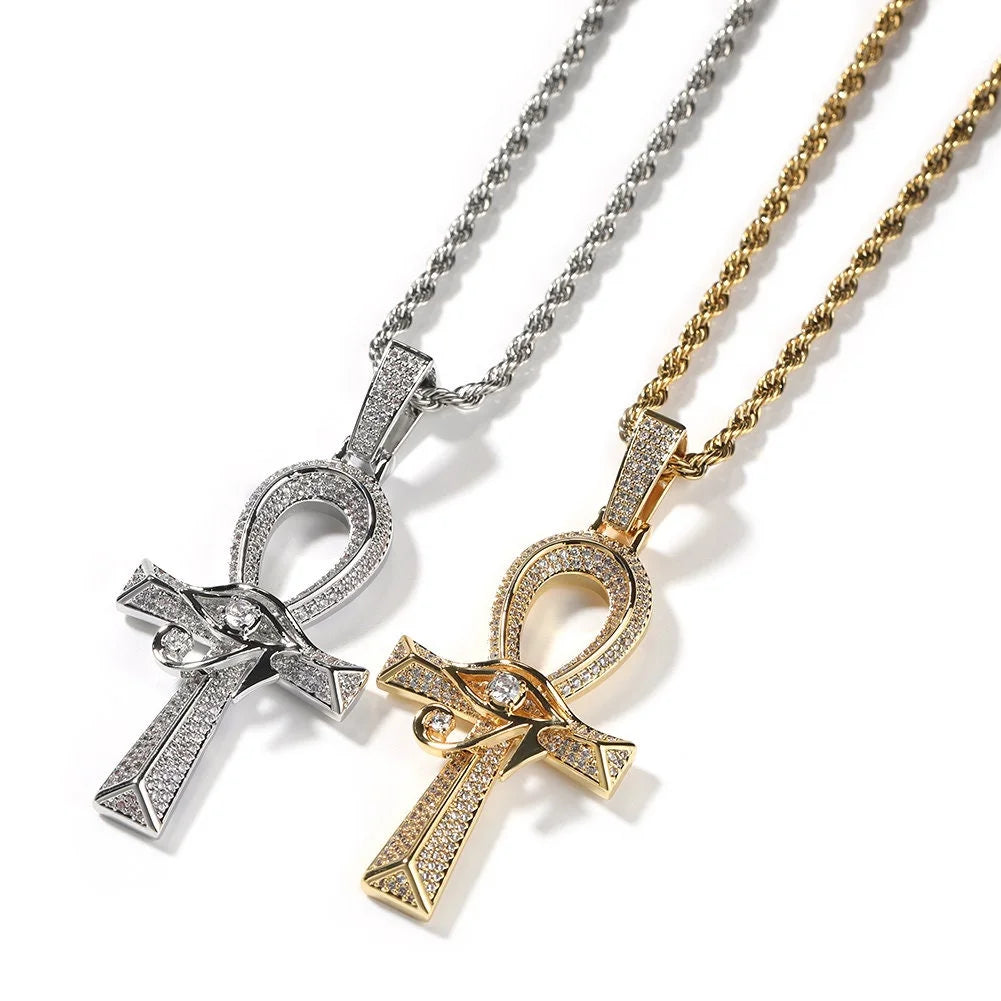 14K Gold Over Finish Simulated Diamond Eye Of Horus Ankh Cross Charm Pendant Necklace D854304