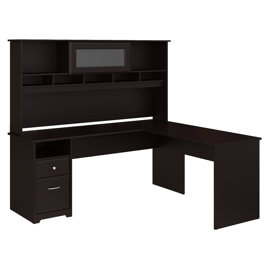 72W L Shaped Computer Desk with Hutch and Drawers, Espresso Oak U61274