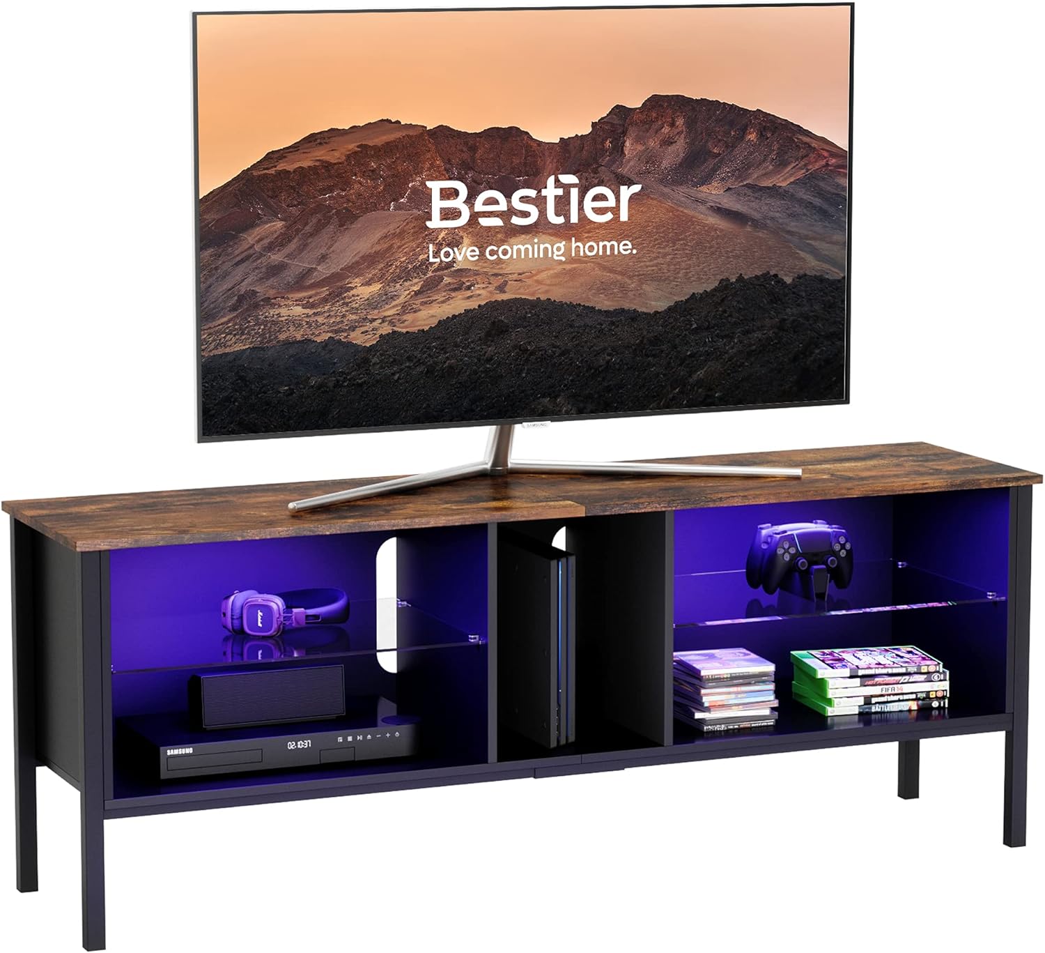 Black Carbon Fiber TV Stand with Glass Shelves F683231