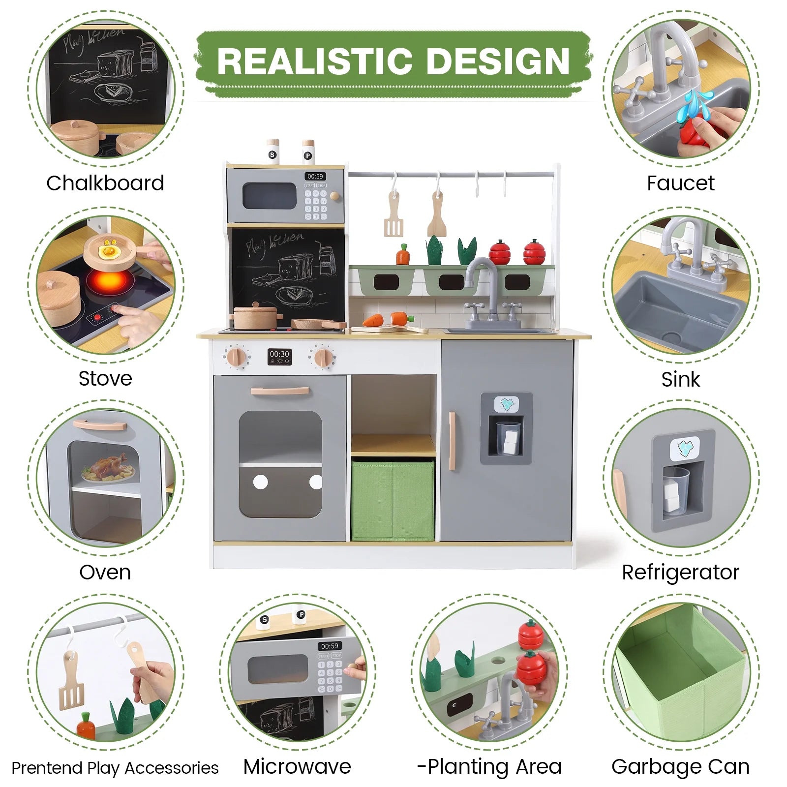 Kids Play Wooden Kitchen Toy Set with Cookware Accessories Microwave Fridge S5823