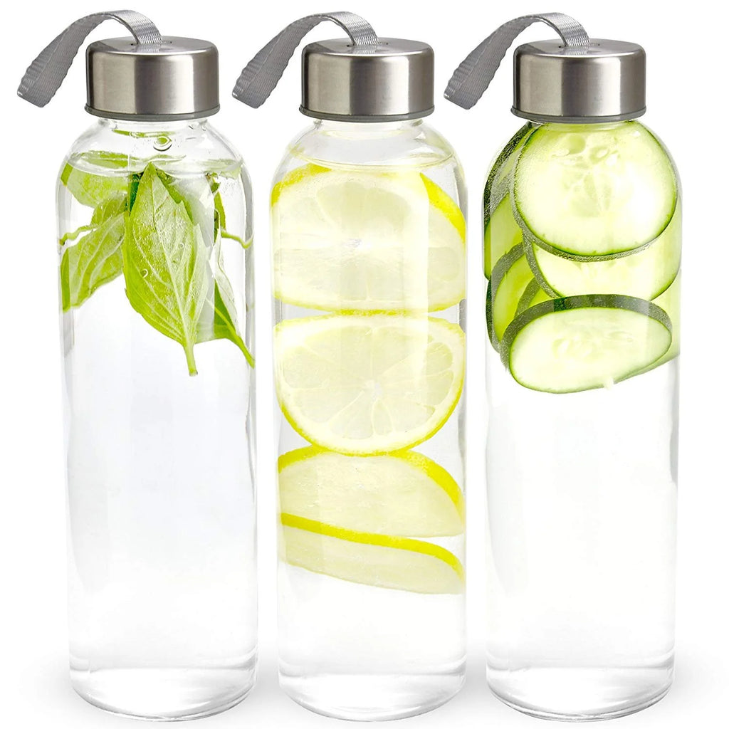 18 oz Pack of 6 Glass Water Bottles with Lids and Sleeves O24581