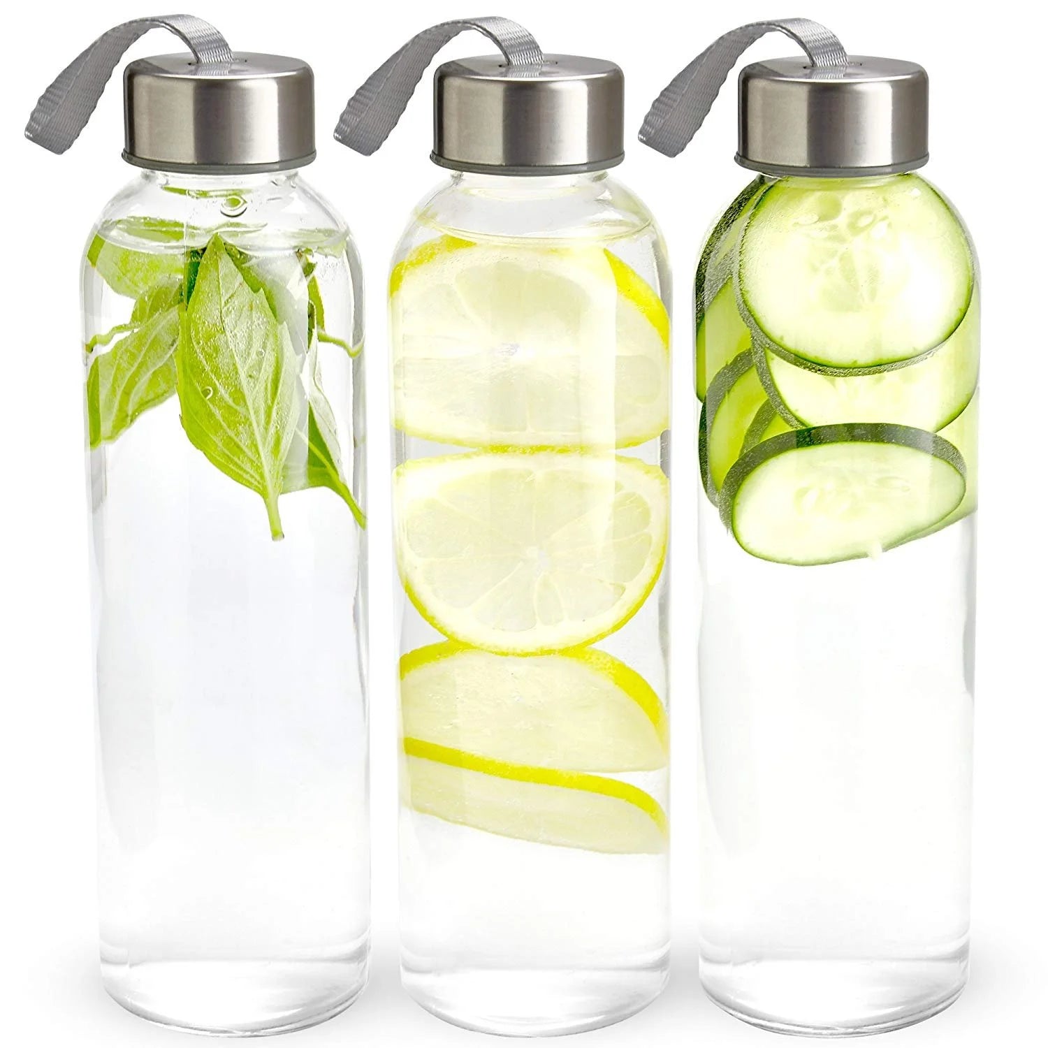 18 oz Pack of 6 Glass Water Bottles with Lids and Sleeves O24581