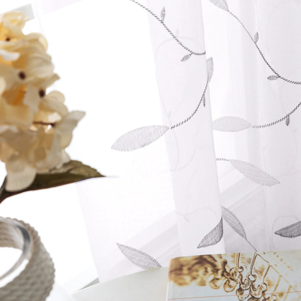 Grey Sheer Embroidered Leaf Curtains 63 inches Grommet Top 2 Panels D7425