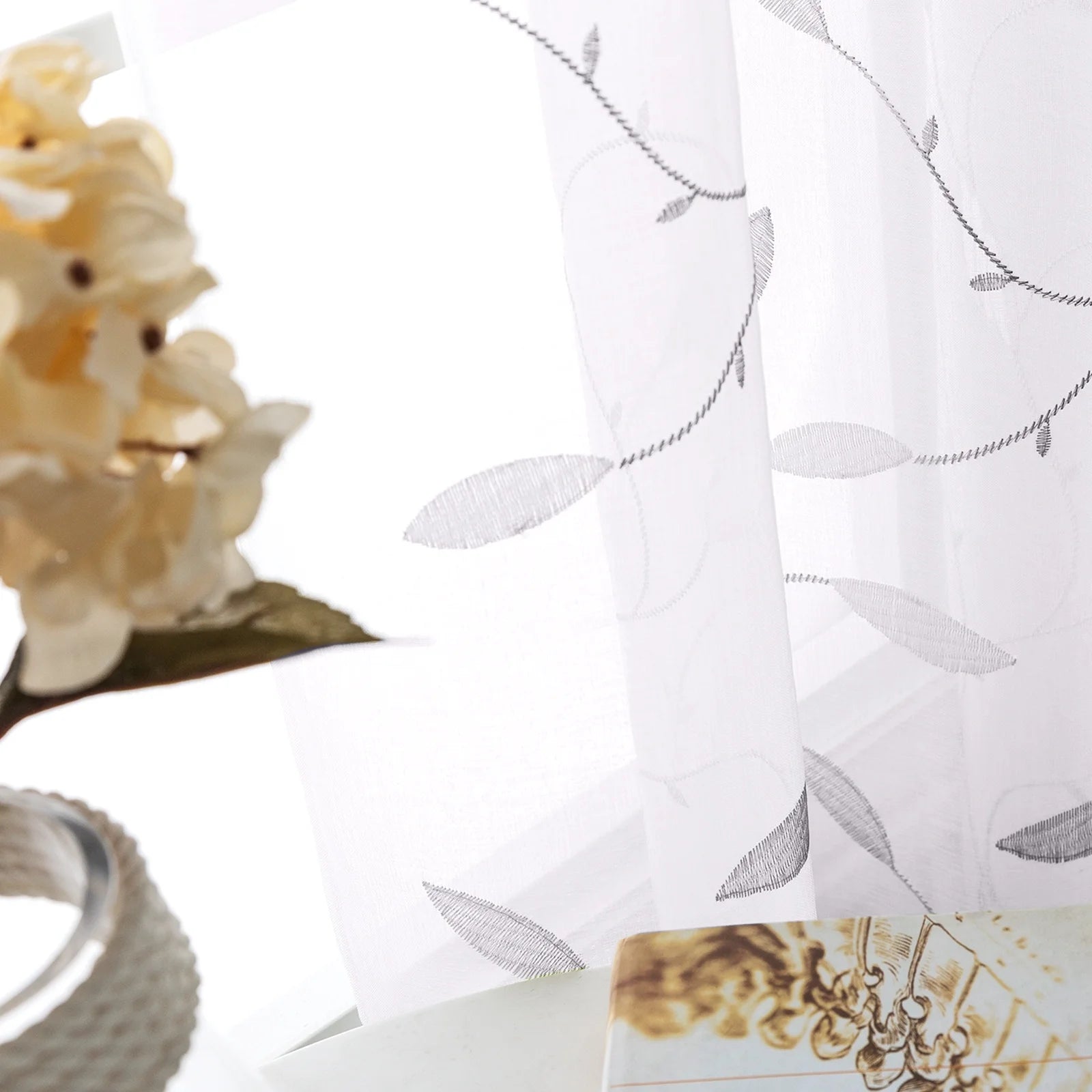 Grey Sheer Embroidered Leaf Curtains 63 inches Grommet Top 2 Panels D7425