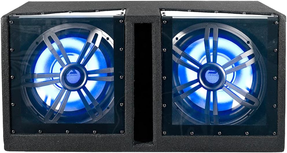 Dual 12 Inch Vented 1200 Watt Car Audio Subwoofer with LED Lights Enclosure Package with Amplifier & Cables P394