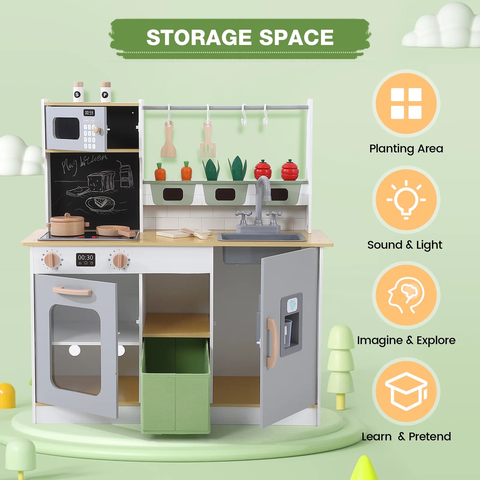 Kids Play Wooden Kitchen Toy Set with Cookware Accessories Microwave Fridge S5823