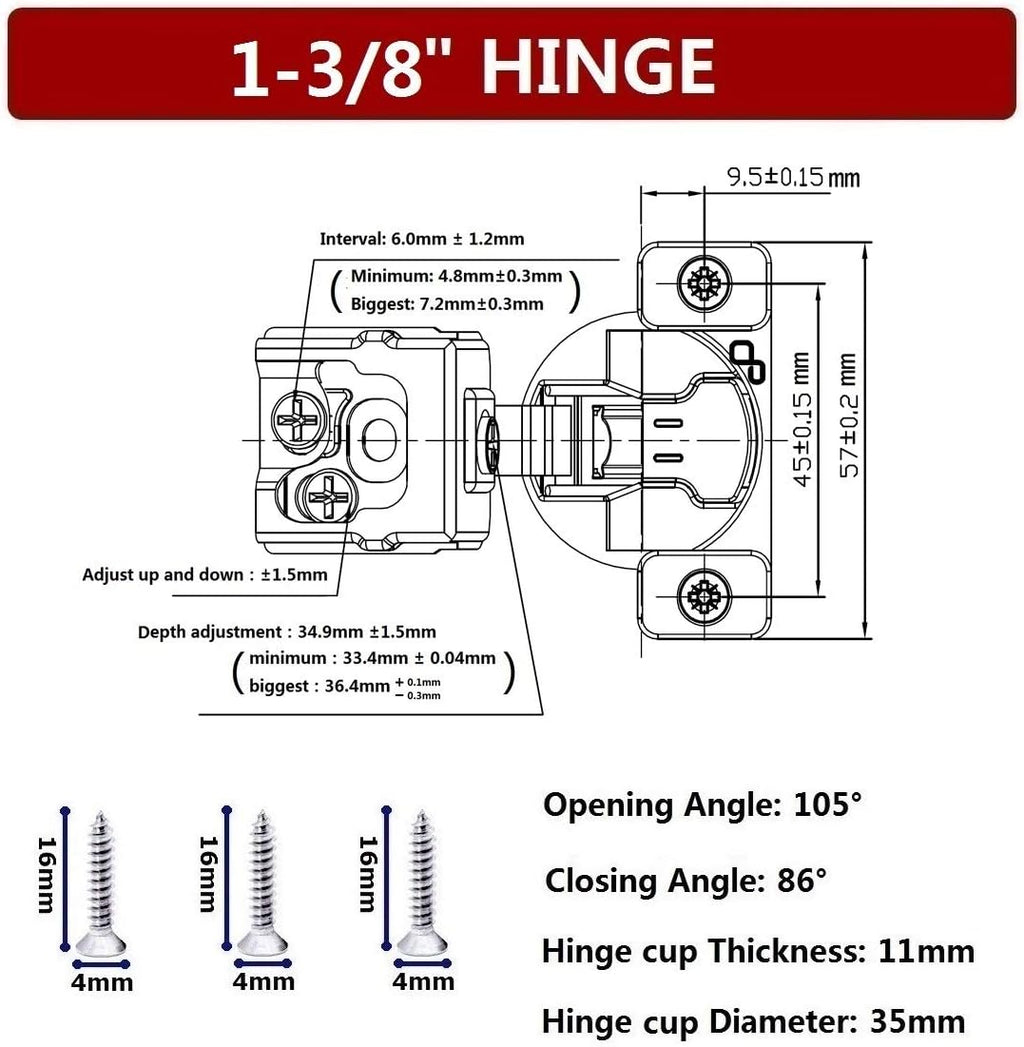 50 Pack Soft Close Cabinet Hinges, 105 Degree, 3 Way Adjustability M76323