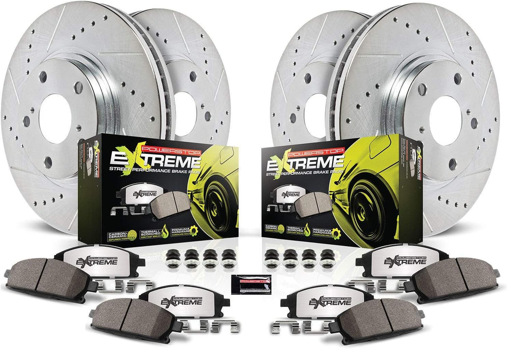 Front and Rear Carbon Fiber Brake Pads with Drilled & Slotted Brake Rotors Kit I122