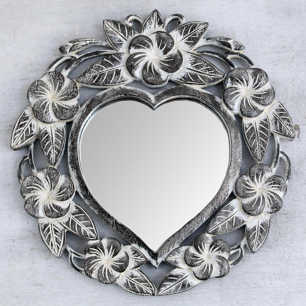 Hand Carved Natural Suar Wood Heart Shaped Floral Wall Mirror J32914