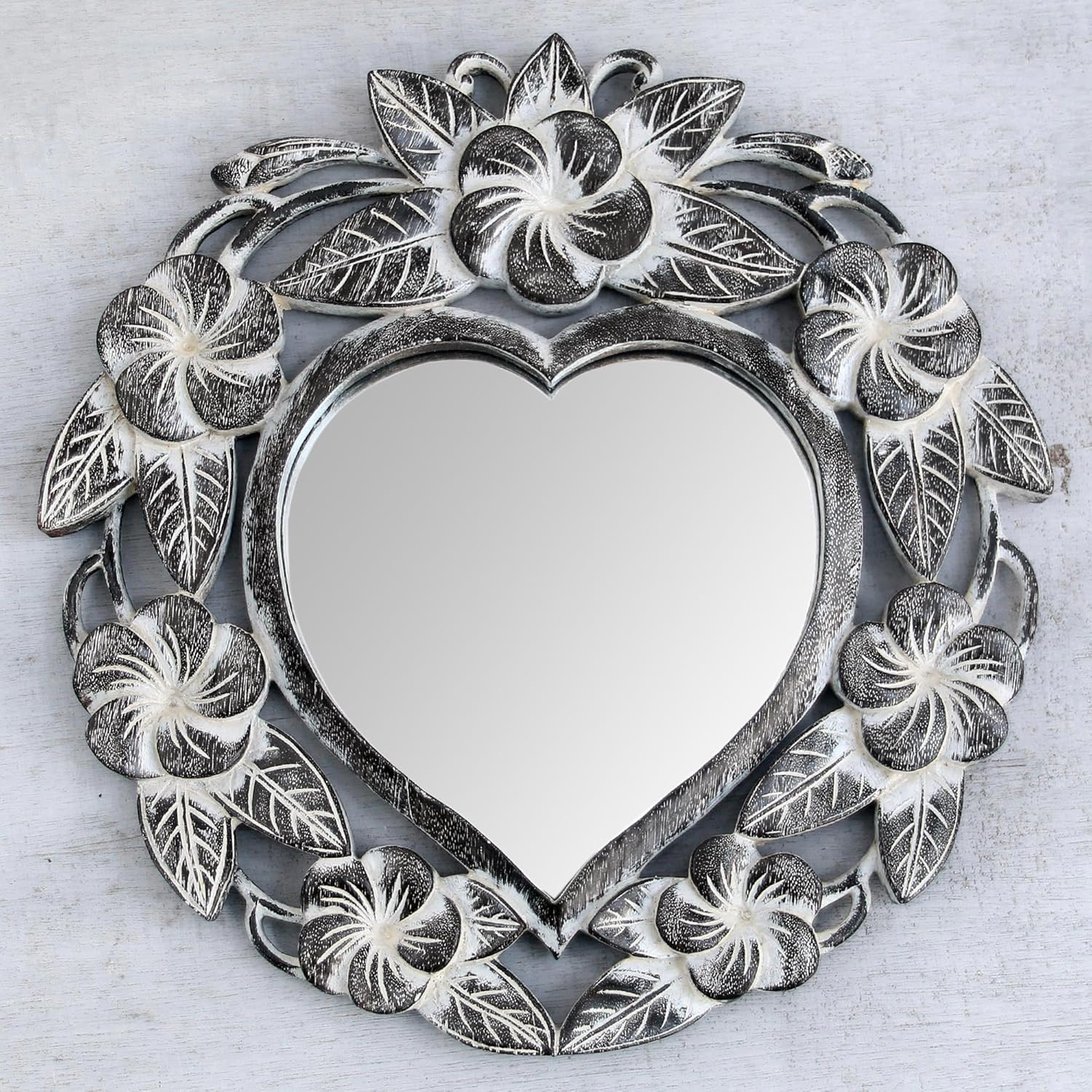 Hand Carved Natural Suar Wood Heart Shaped Floral Wall Mirror J32914