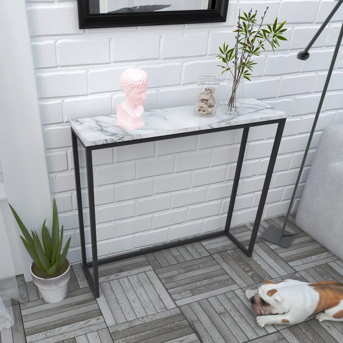 Black Faux Marble Console Table with Metal Frame L338