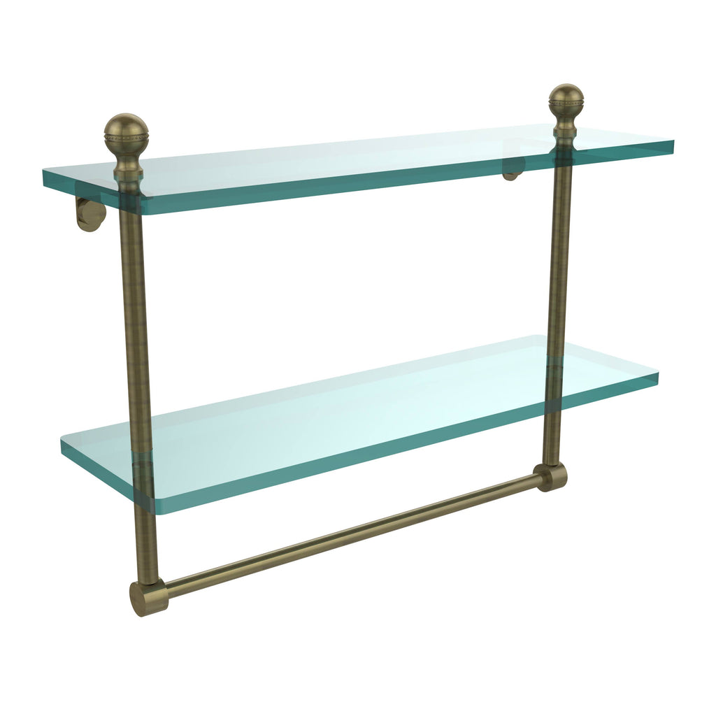 Two Tiered Glass Shelf with Towel Bar - Antique Brass - 16 inch L476