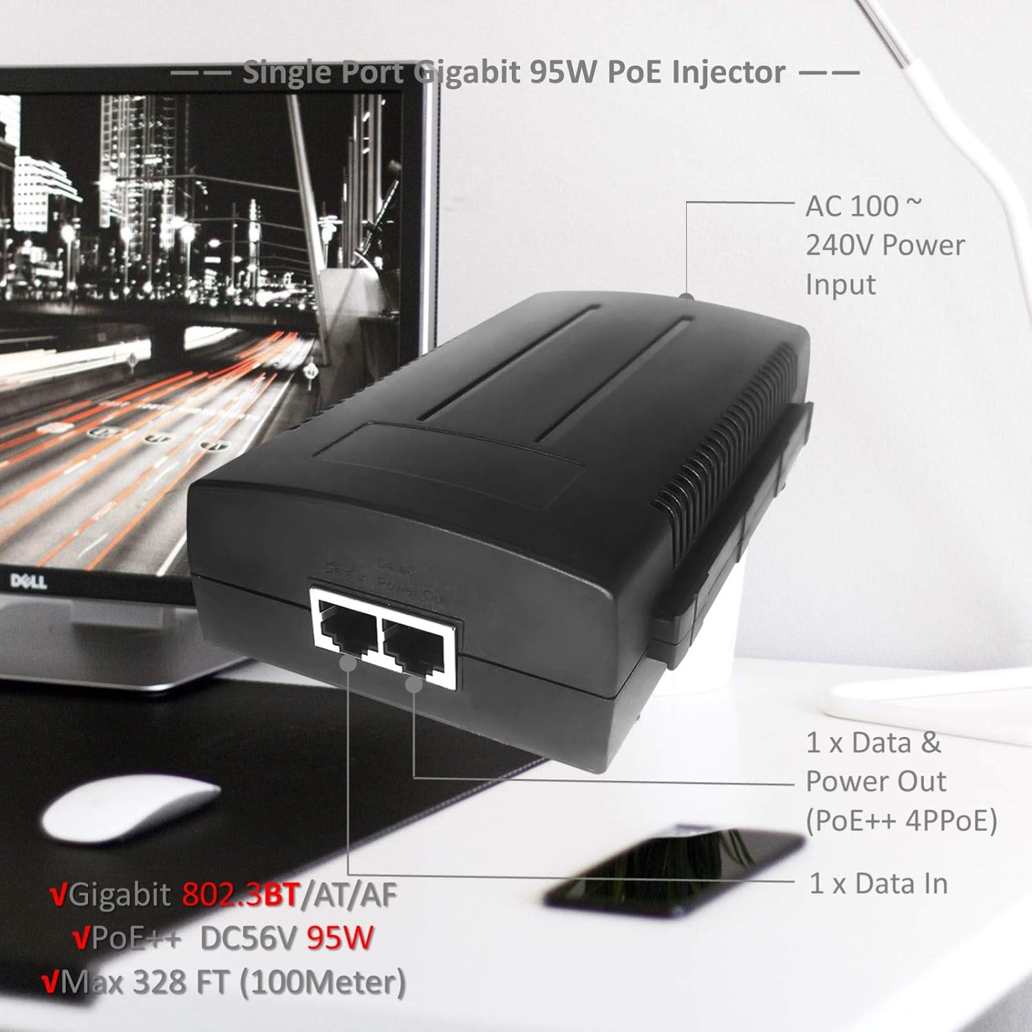 PoE Injector, Single Port 56V 95W Gigabit PoE++ Switch Midspan F230913