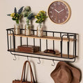 5 Hook Wall Mounted Coat Rack with Storage in Oak/Black J50188