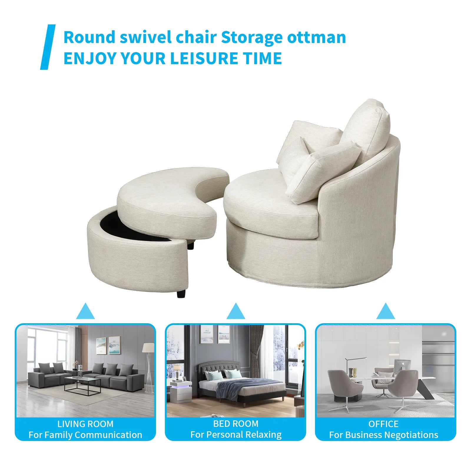 Beige Linen Fabric Swivel Accent Barrel Sofa Chair with Half Moon Storage Ottoman and 3 Pillows B601975