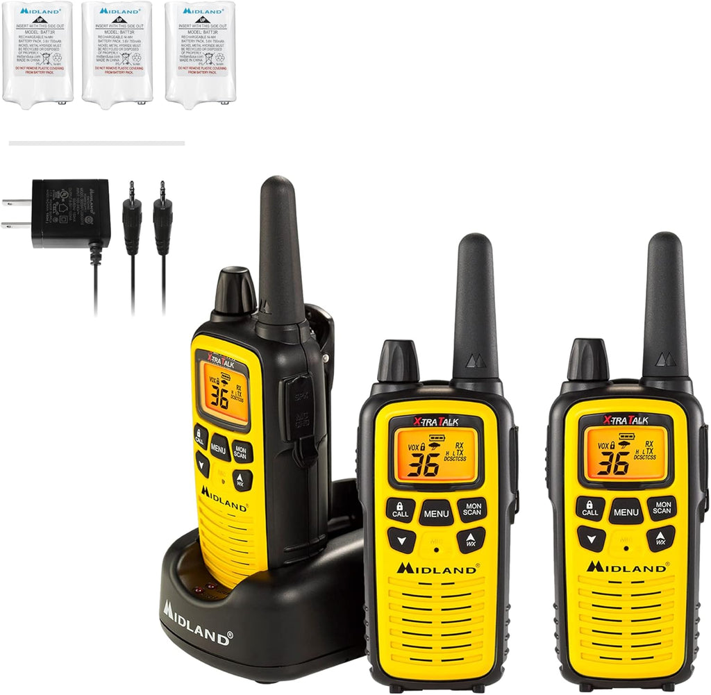 36 Channel FRS Two-Way Radio Walkie Talkie, 121 Privacy Codes, NOAA Weather Scan + Alert, Yellow/Black, 3-Pack C429224