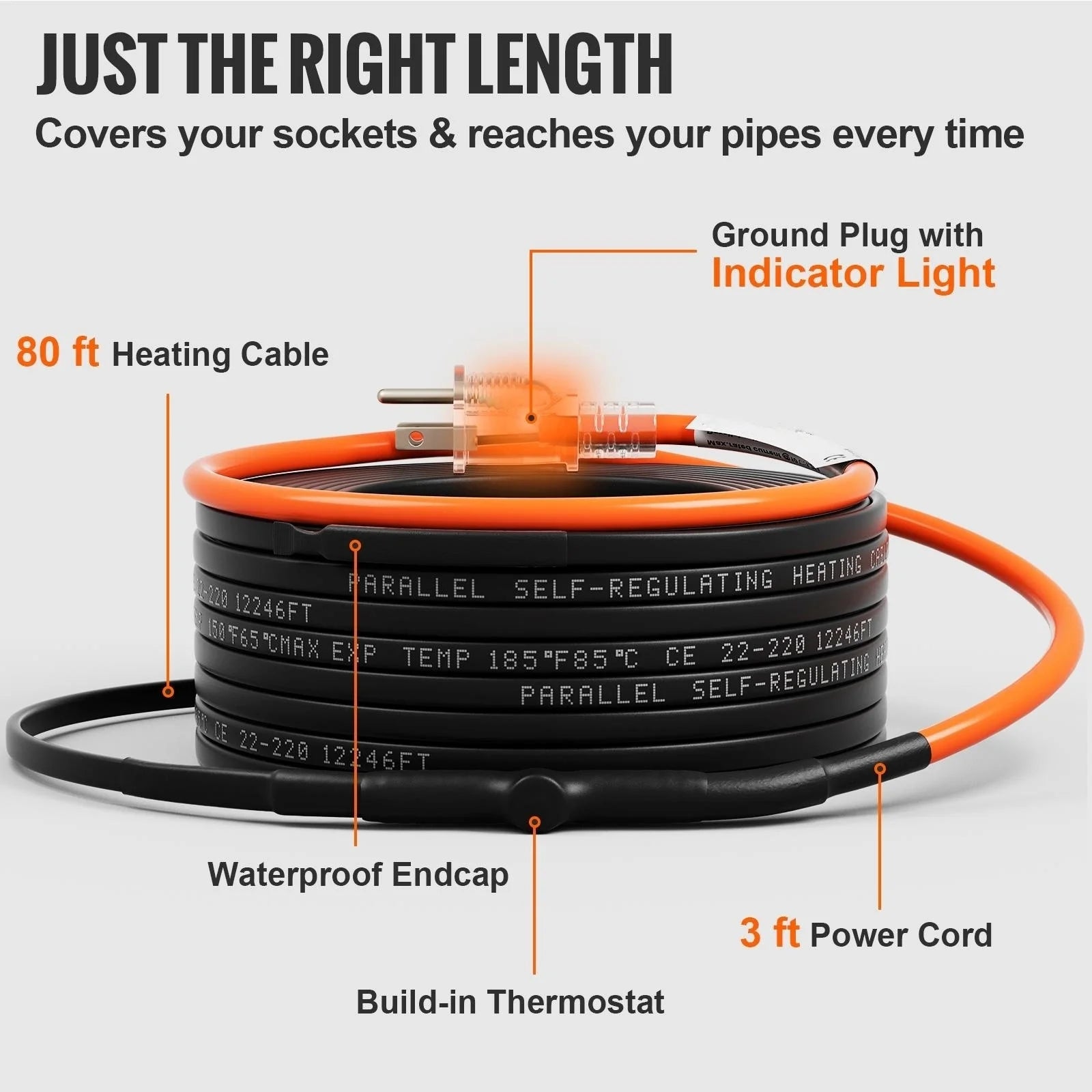 Self-Regulating Pipe Heating Cable, 80-feet 5W/ft Heat Tape, 120V D3740