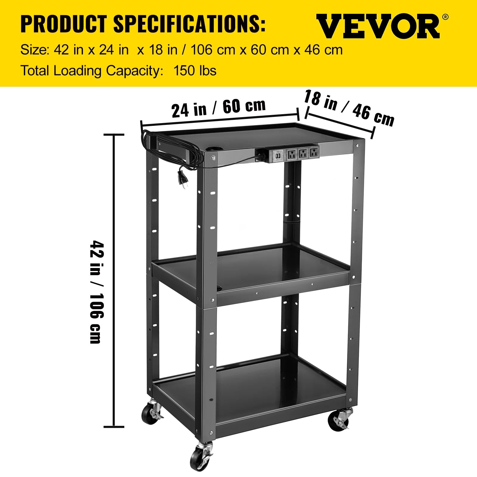 3-Shelf Steel AV Cart with Electric Power Cord U106
