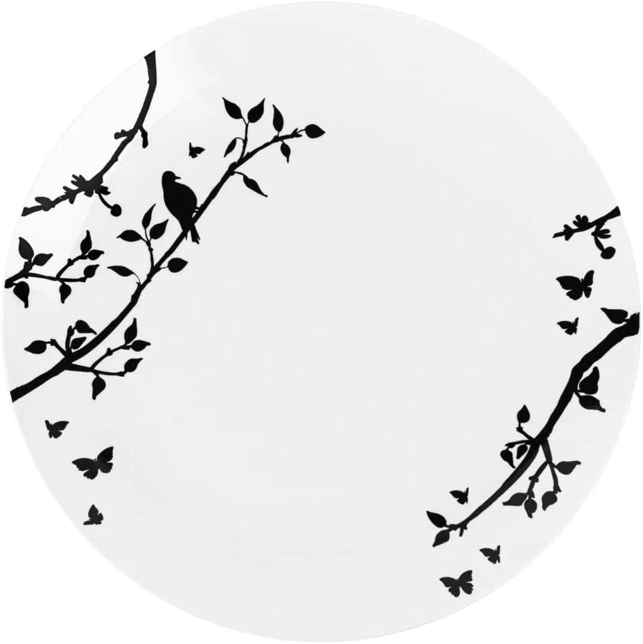 White 10" Round Plastic Plates with Black Floral Design Q657863