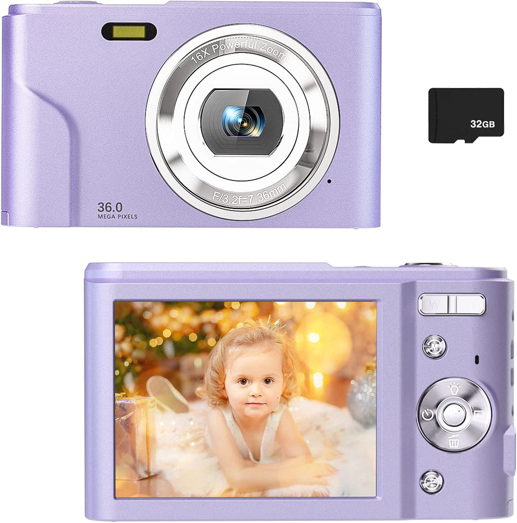 36MP Children's Camera with 32GB SD Card, Full HD 1080P Rechargeable Mini Camera (Light Blue) Y413