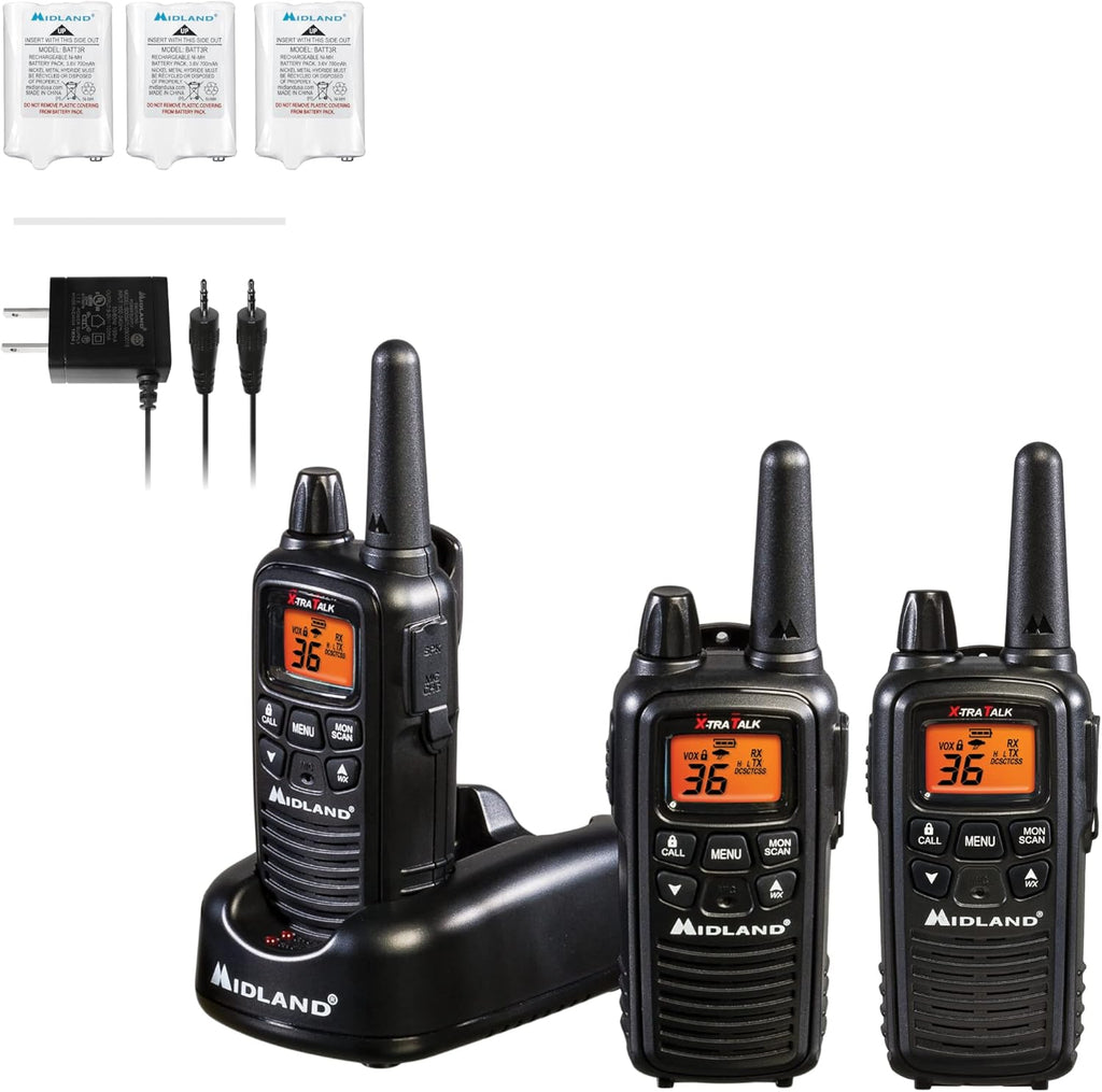 36 Channel FRS Two-Way Radio Walkie Talkie, 121 Privacy Codes, NOAA Weather Scan + Alert, Yellow/Black, 3-Pack C429224