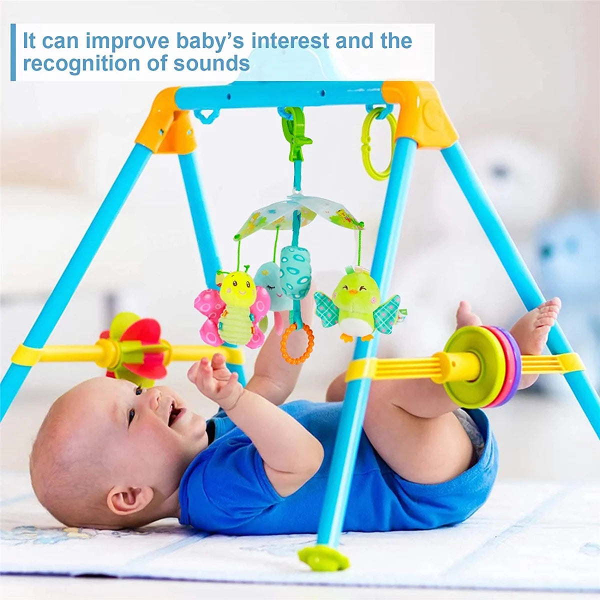 Baby Car Seat Toys Clip On Stroller Toy with Birds and Bees Hanging Rattle, Sensory Activity Toy, Two Wrist Rattles B6376