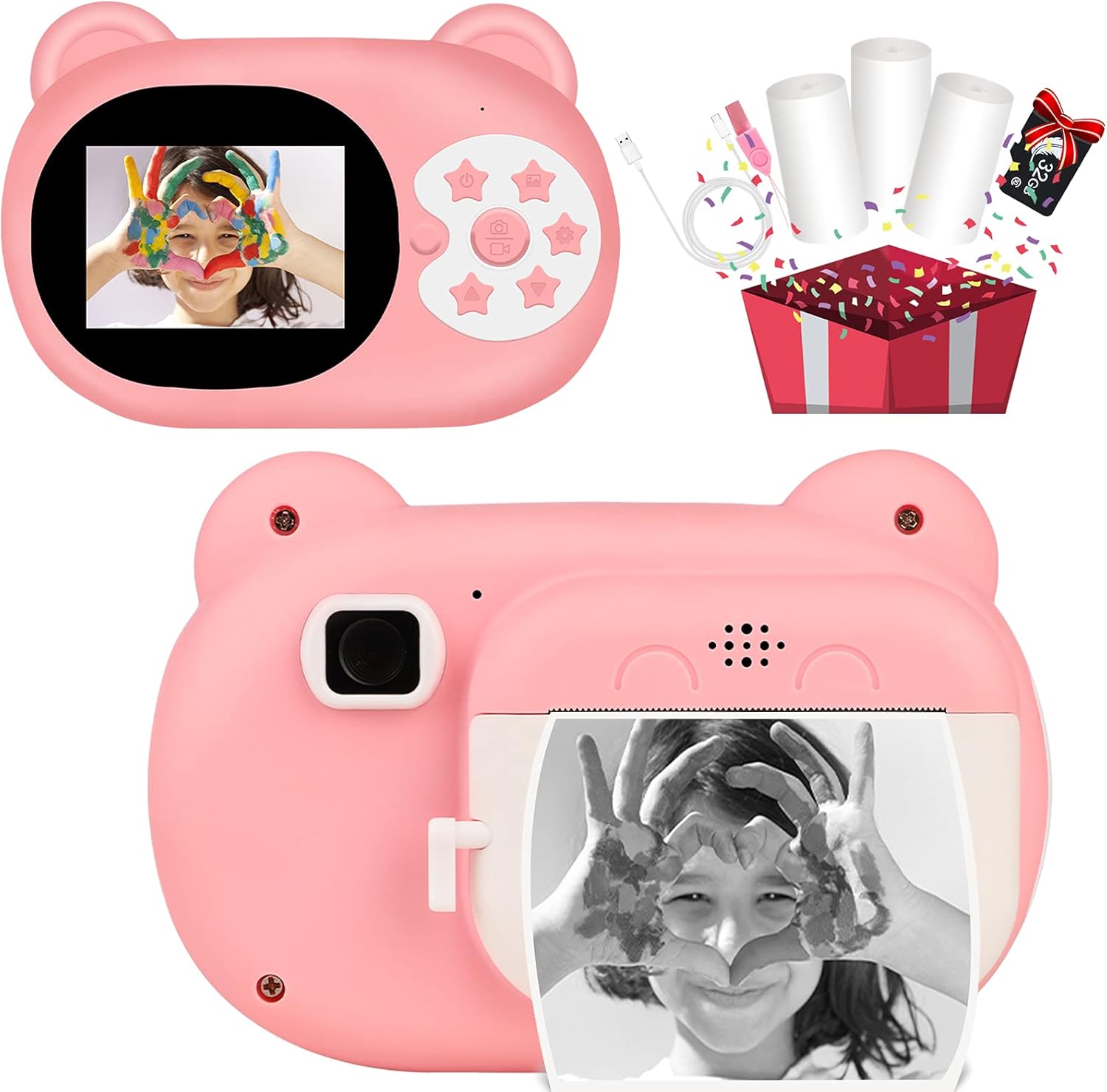 Pink Zero Ink Kids Digital Camera with 3 Rolls Print Paper 32GB SD Card T484970