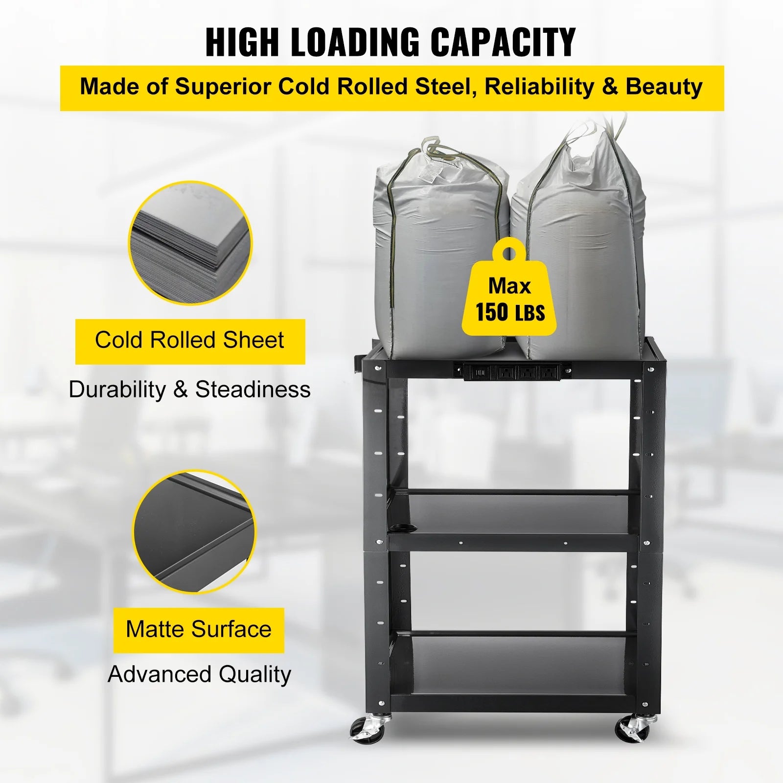 3-Shelf Steel AV Cart with Electric Power Cord U106